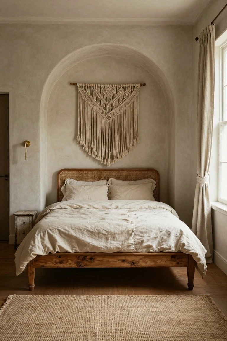 Wooden bed with white linens beneath macrame hanging in arched alcove over woven rug.