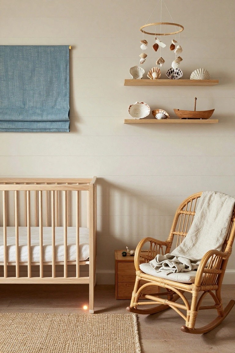 A light-filled nursery featuring a wooden crib, a rattan rocking chair with a linen throw, and two wooden shelves holding seashells against a white paneled wall.