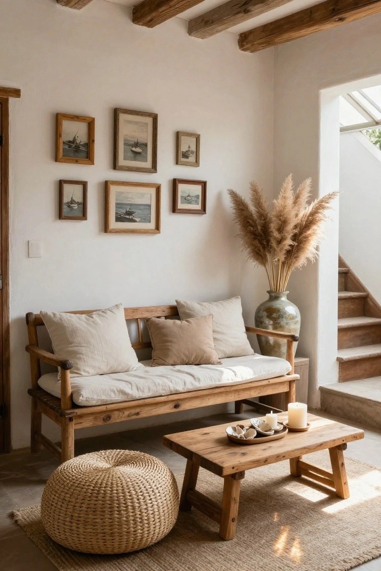 A rustic wooden bench with cushions and a woven pouf sit in front of a wooden coffee table in a bright room with framed art on the wall.