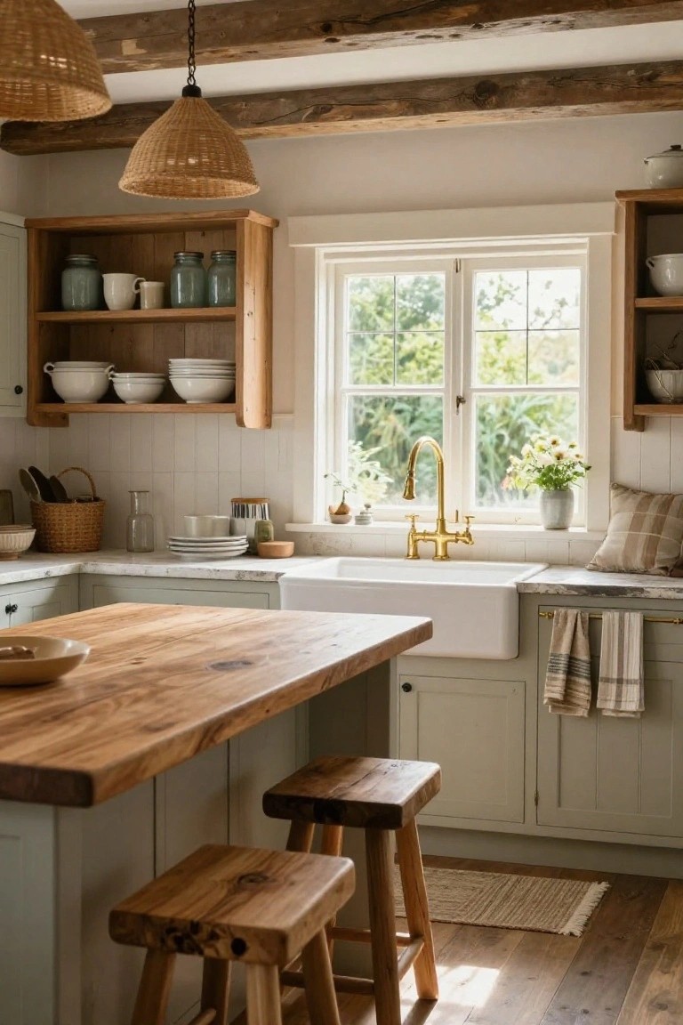 A kitchen interior with light green cabinets, a white farmhouse sink, brass faucet, wooden island with stools, and open wooden shelving holding white dishes and glass jars under woven pendant lights.