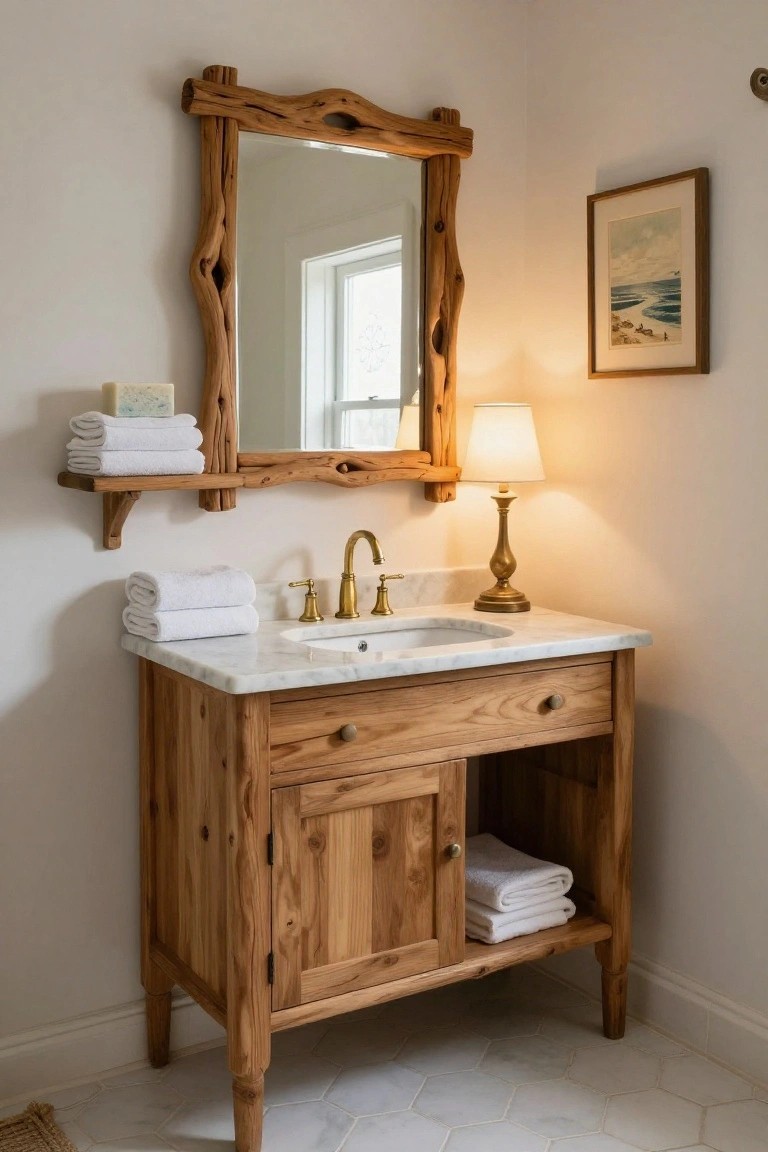 A wooden bathroom vanity with a white marble top, brass faucet, open lower storage holding folded towels, and a large driftwood framed mirror above it.