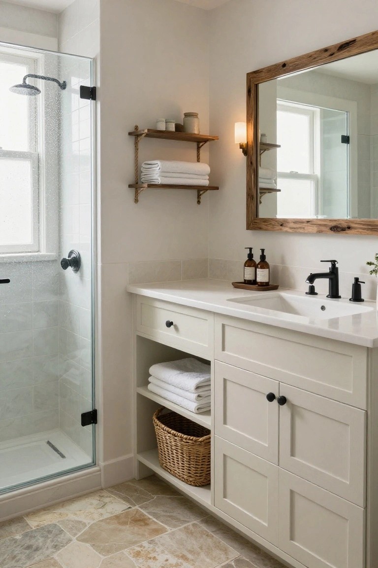 A white bathroom vanity with open lower shelving holding folded white towels and a wicker basket, positioned beside a glass shower with black hardware and a rustic wood-framed mirror above the sink.