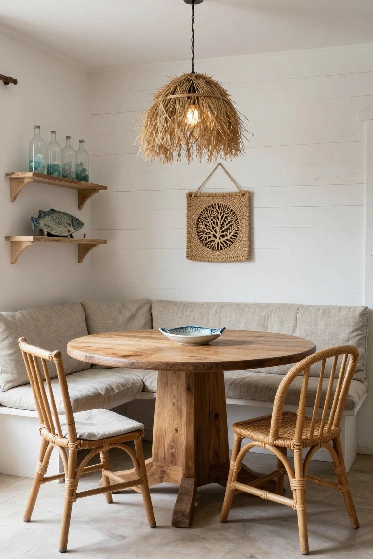 A round wooden table with two rattan chairs sits in a corner dining nook beside a built-in bench, under a woven straw pendant light.