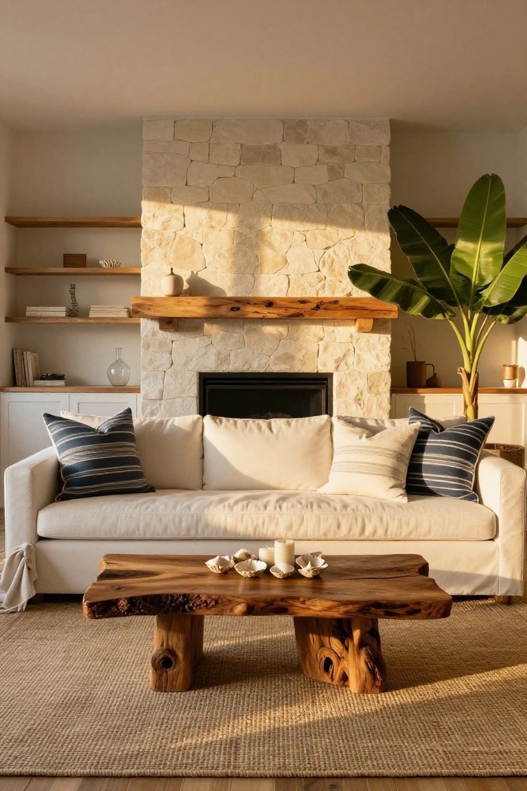 A living room featuring a large stone fireplace with a thick wooden mantel, a white sofa with striped pillows, a live-edge wooden coffee table, and a large potted plant on a woven rug.