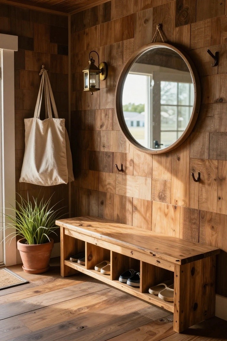 A rustic wooden entryway featuring a long storage bench with shoe cubbies, a round wall mirror, hooks, and a potted plant beside a doorway.