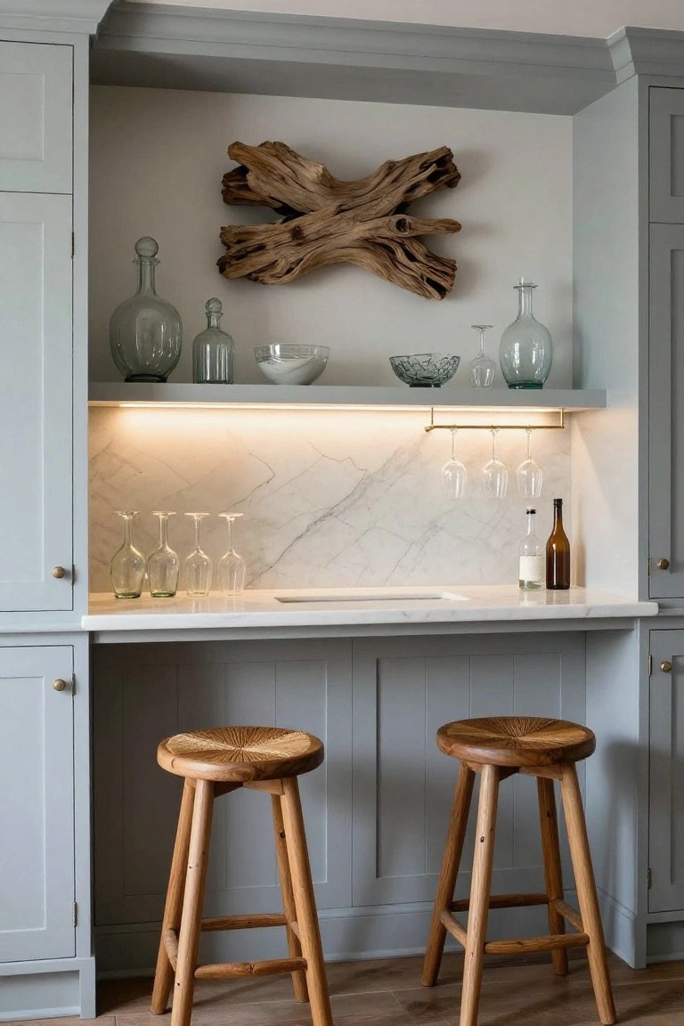 A gray built-in bar with a floating shelf holding glassware and a large driftwood piece above a marble backsplash, two wooden stools in front.