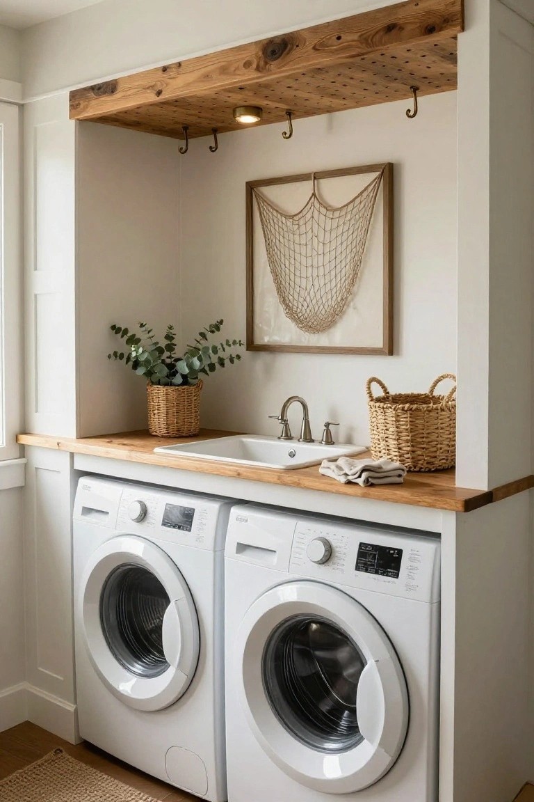 A laundry room featuring two white front-loading washing machines beneath a light wood countertop with an integrated sink, a matching overhead wood shelf with hooks, and a woven basket on the counter.