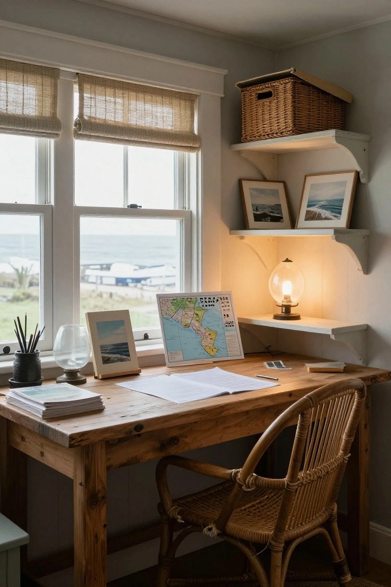 A wooden desk with an open map, papers, and a lit lamp sits beside a wicker chair in front of windows with woven shades overlooking the water.