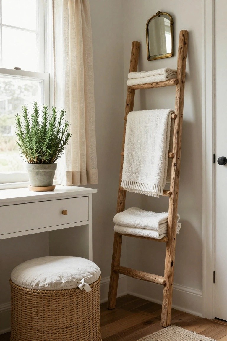 A rustic wooden ladder leans against a wall displaying folded white towels beside a window with a potted plant and a woven basket.