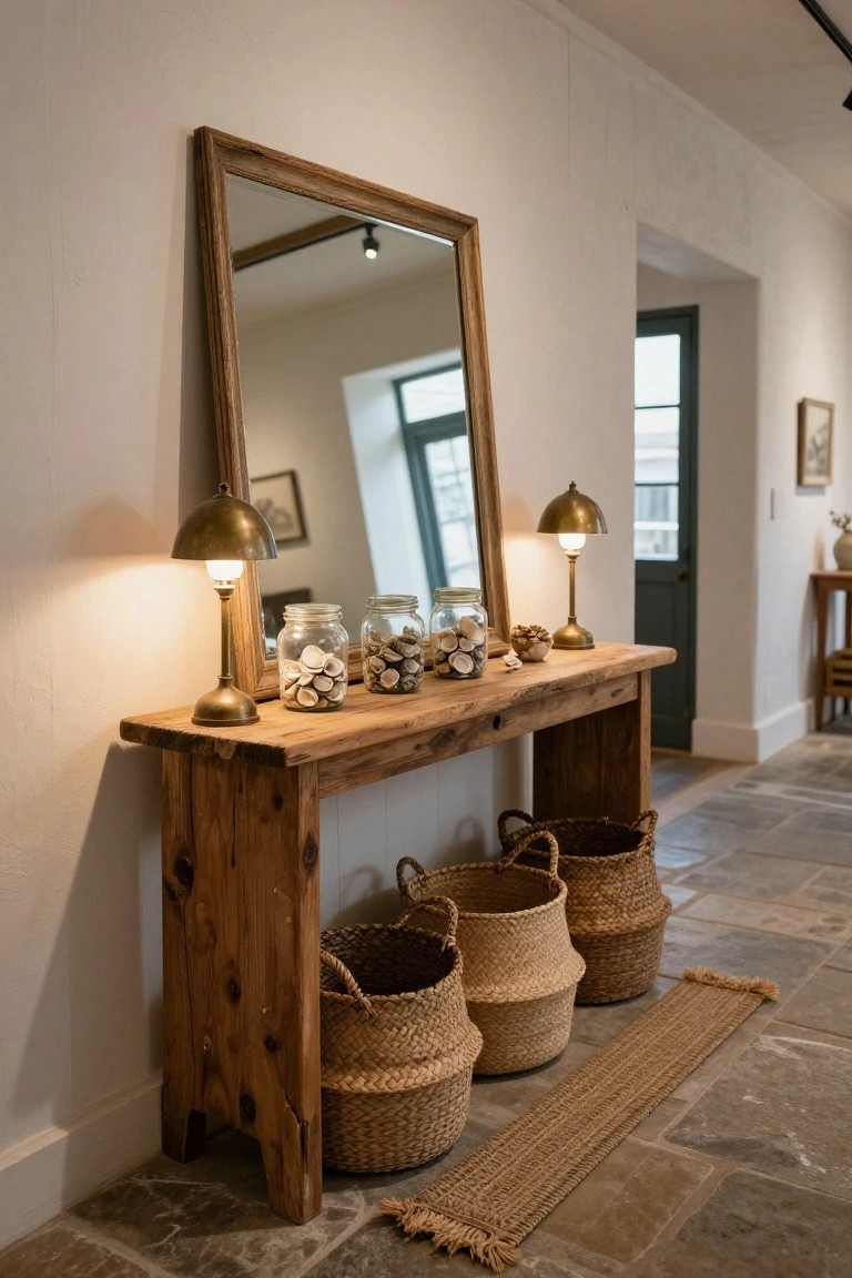 A rustic wooden console table against a white wall holds two brass lamps and glass jars, with several woven baskets stored underneath on a stone floor.