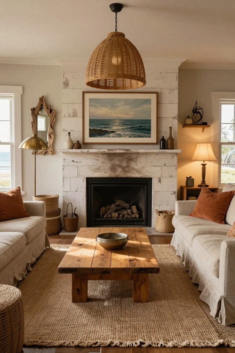 A living room featuring a whitewashed brick fireplace, wooden coffee table on a jute rug, and a large woven pendant light hanging from the ceiling.