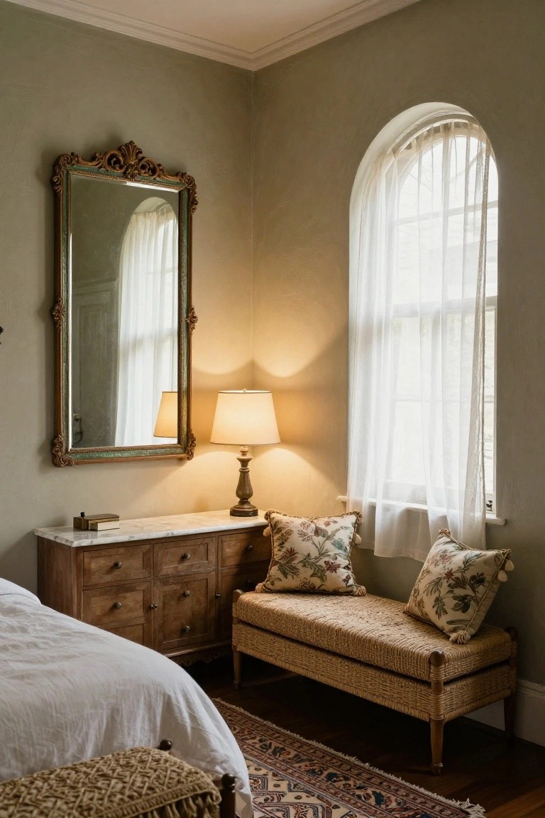 Bedroom corner with ornate mirror, marble dresser, wicker bench, and arched window.