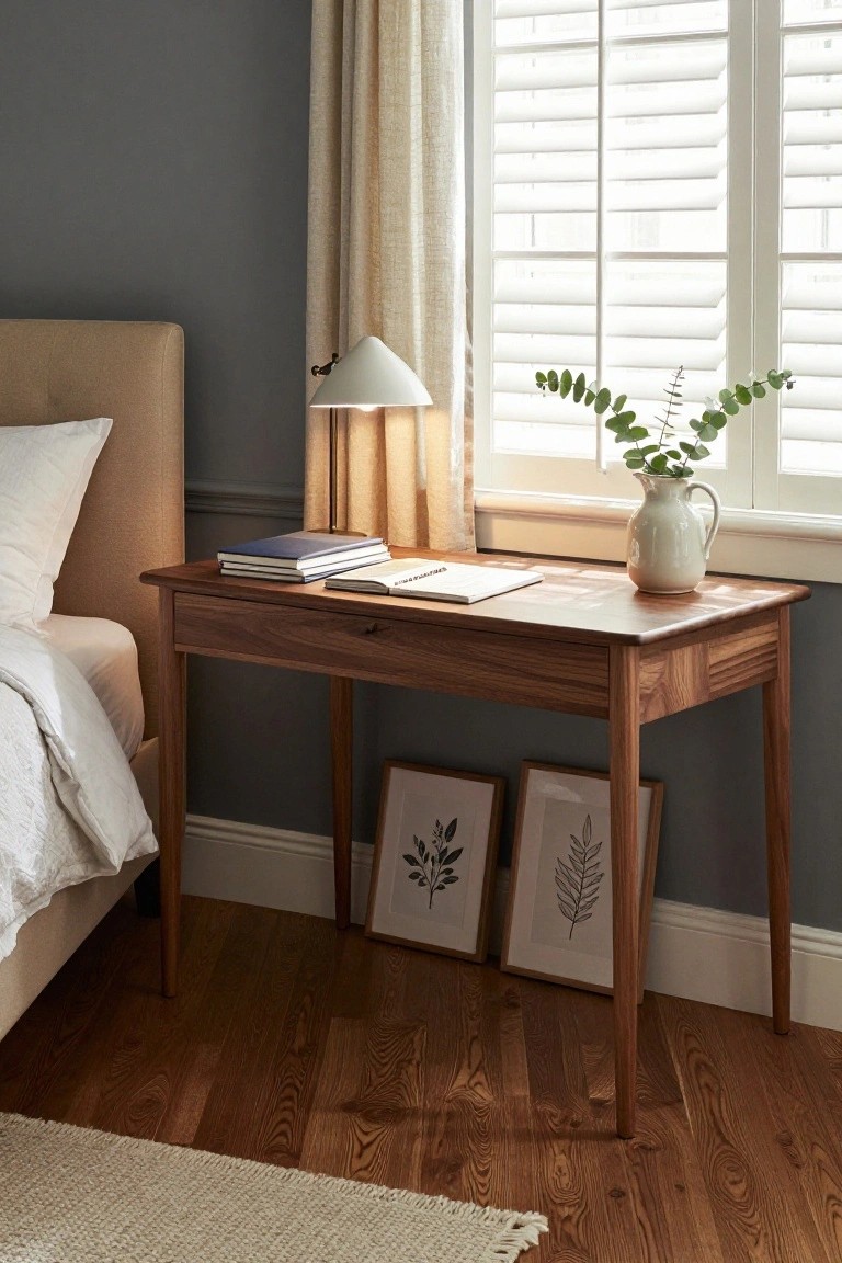 A wooden desk with books, a lamp, and a vase sits beneath a window with white shutters in a bedroom next to a bed with beige upholstery.