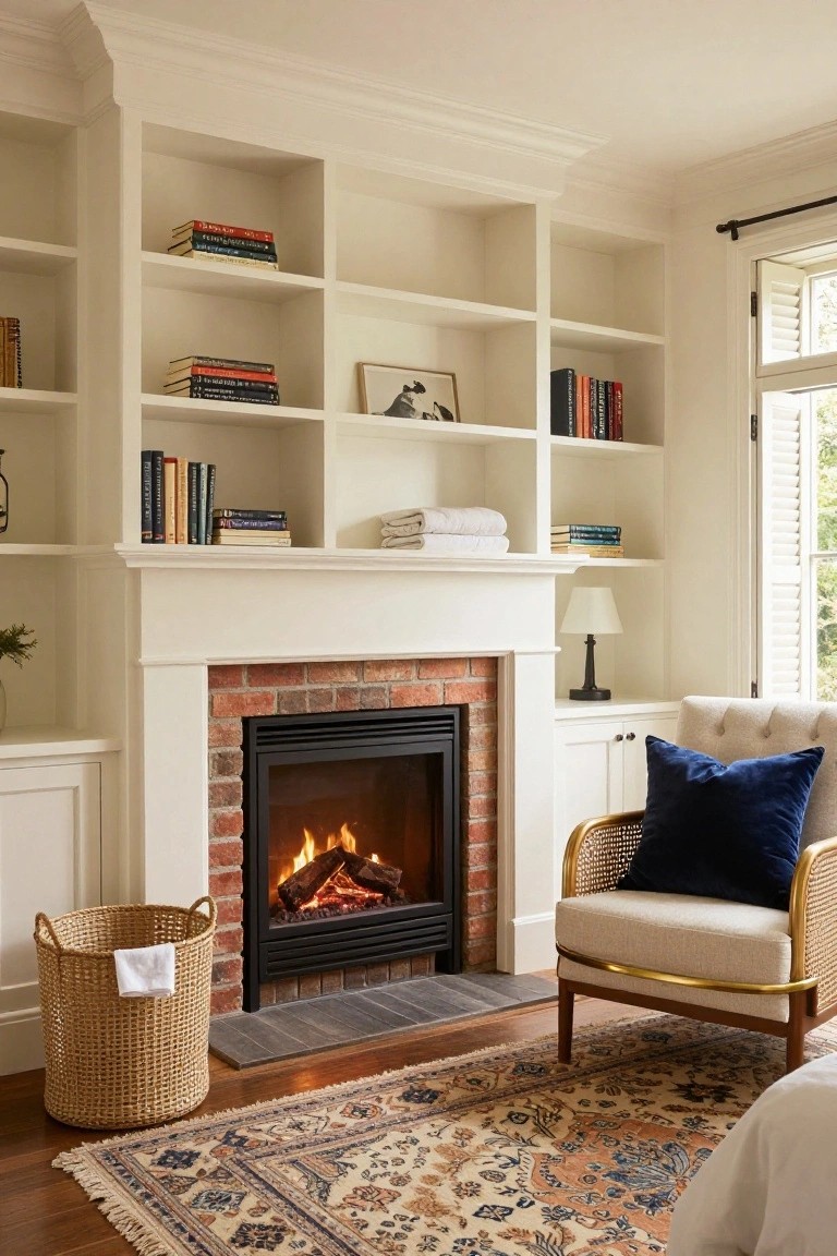 A bedroom with a brick fireplace framed by white built-in bookshelves holding books and folded linens, next to an upholstered chair with a blue pillow.