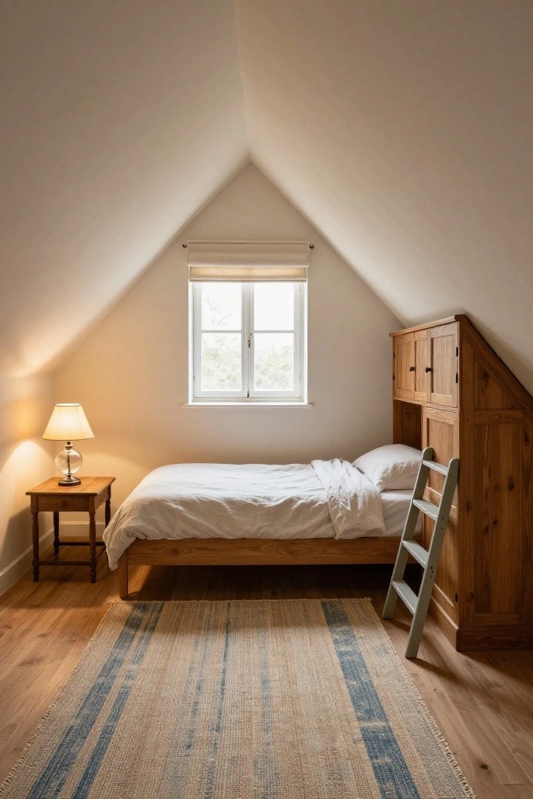 A bedroom with a wooden bed and white linens under a window, a nightstand with a lamp on the left, and a tall wooden built-in cabinet with a ladder on the right.