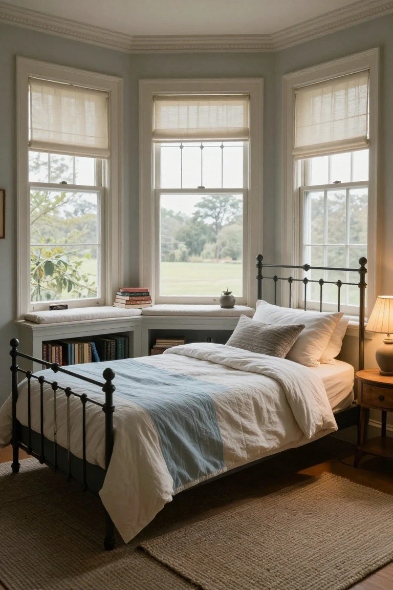 A bedroom featuring a black metal bed placed in front of three large windows with white built-in window seats and storage compartments underneath.