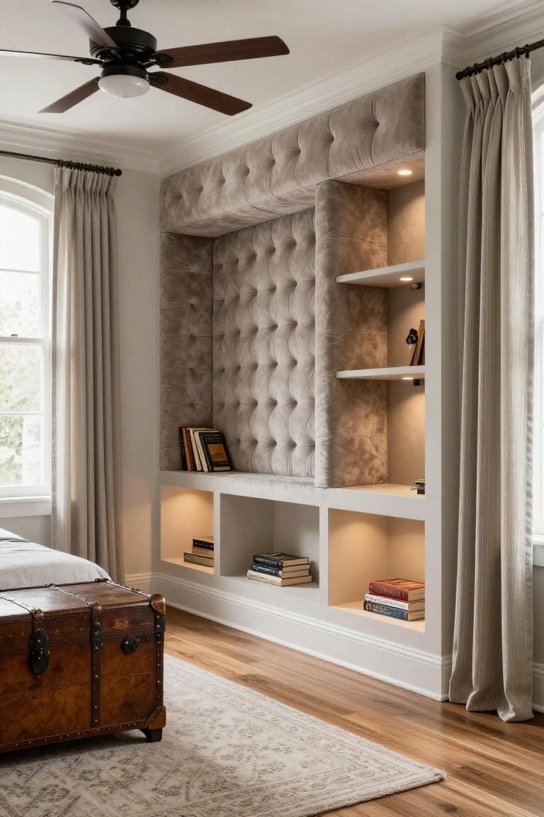 A bedroom wall features a large built-in unit with tufted beige upholstered panels, integrated lit shelves holding books, and a wooden trunk in the foreground.