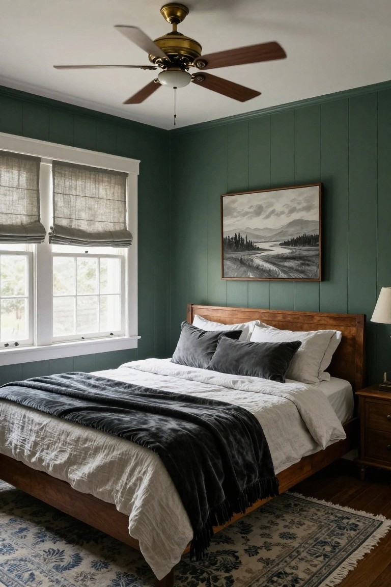 A bedroom featuring dark green paneled walls, a wooden bed with white and dark gray bedding, two windows with linen shades, a ceiling fan, and a landscape painting above the headboard.