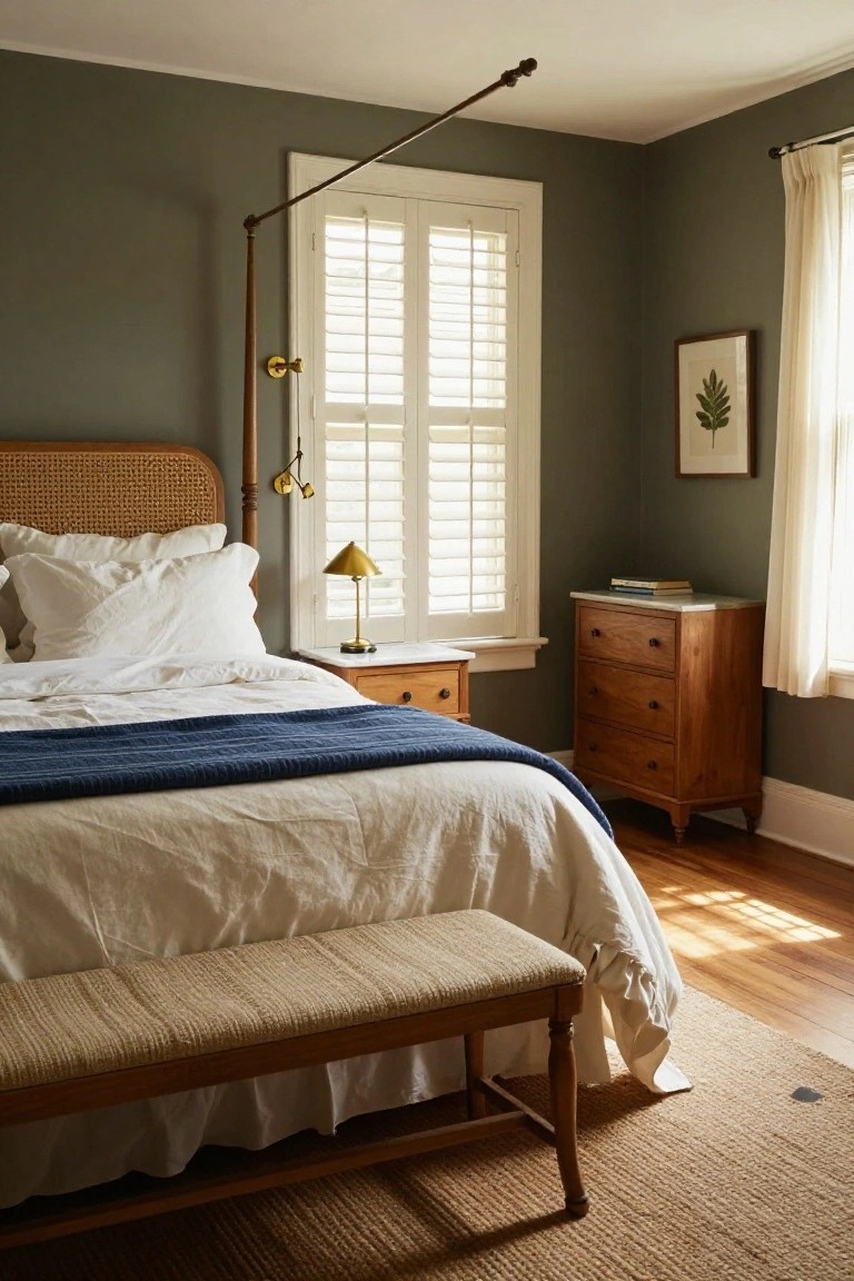 Cozy bedroom with white linens, blue throw, wooden bench, and green walls