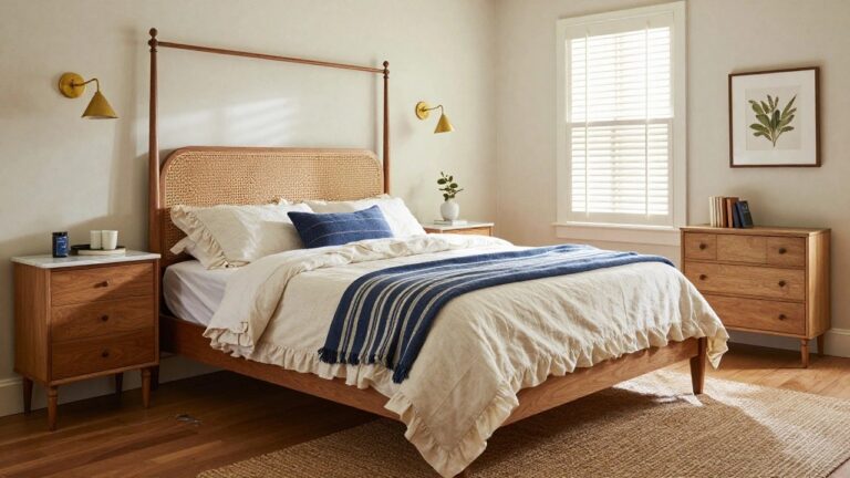 20 Sophisticated Southern Bedroom Ideas for a Calm, Polished Retreat Cozy bedroom with white linens, blue throw, wooden bench, and green walls
