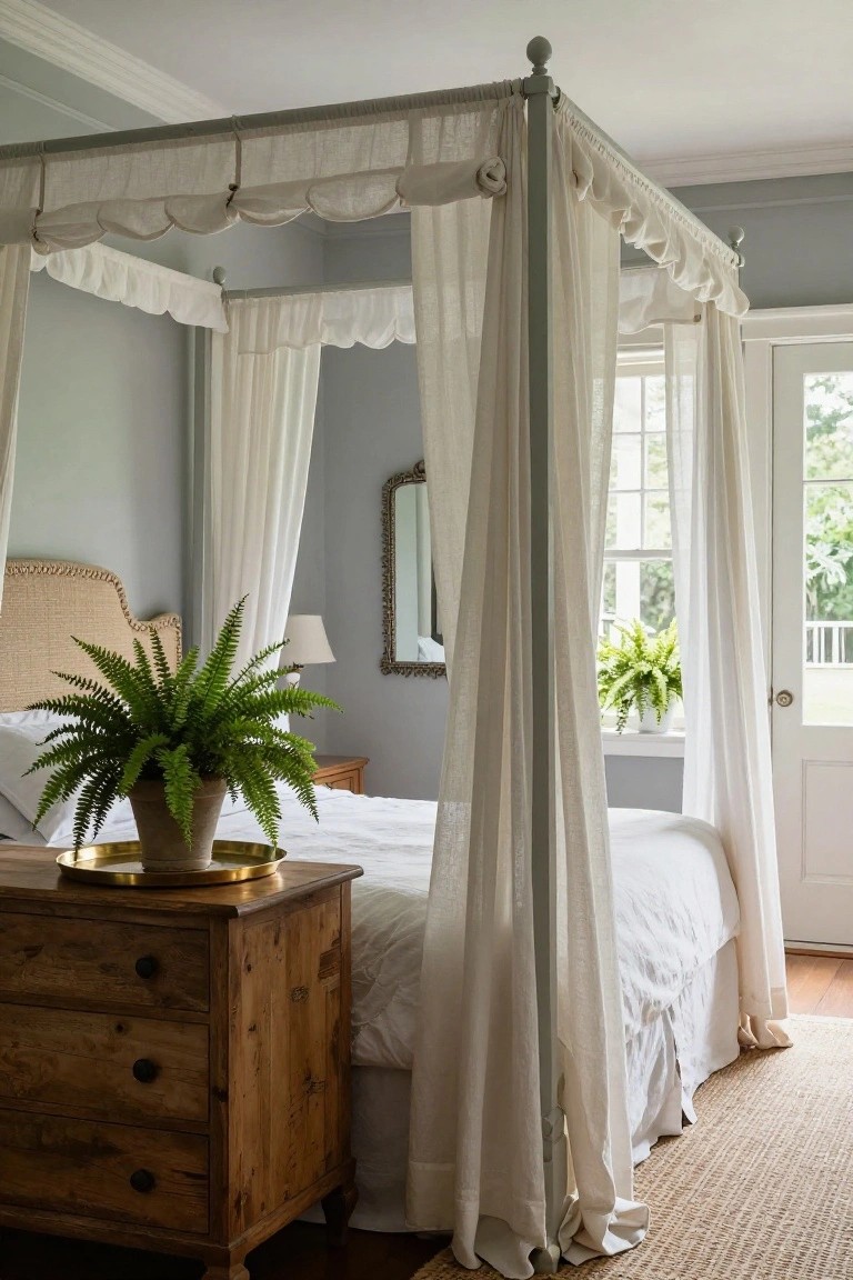 A bedroom featuring a four-poster bed draped with white sheer curtains, a wooden dresser with a potted fern, light blue walls, and a window with a mirror above it.