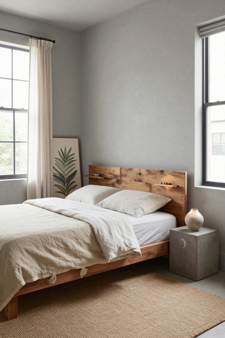 Minimalist bedroom with rustic wooden bed, white linens, concrete nightstand, and woven rug.