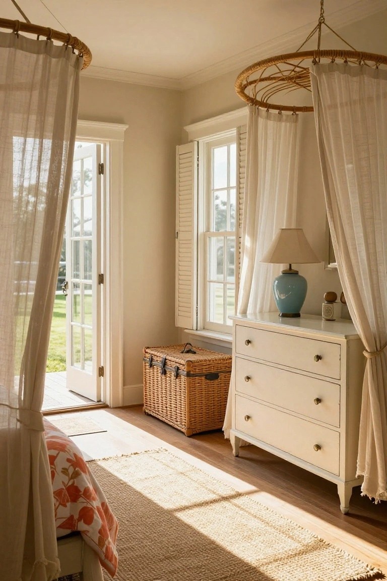 A sunlit bedroom with white walls, a white dresser, a wicker trunk, open French doors, and sheer curtains hanging from rattan frames.