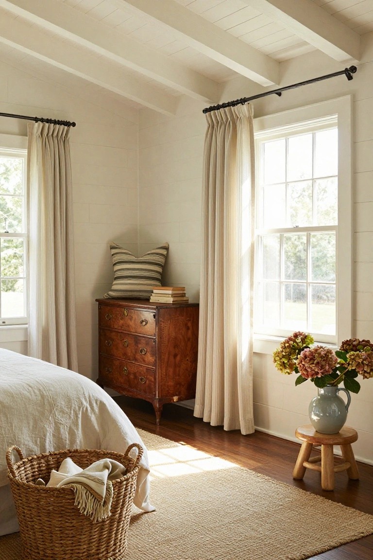 A bright bedroom with white shiplap walls, a dark wood antique-style dresser, off-white linen curtains, a woven basket, and a large window letting in sunlight.