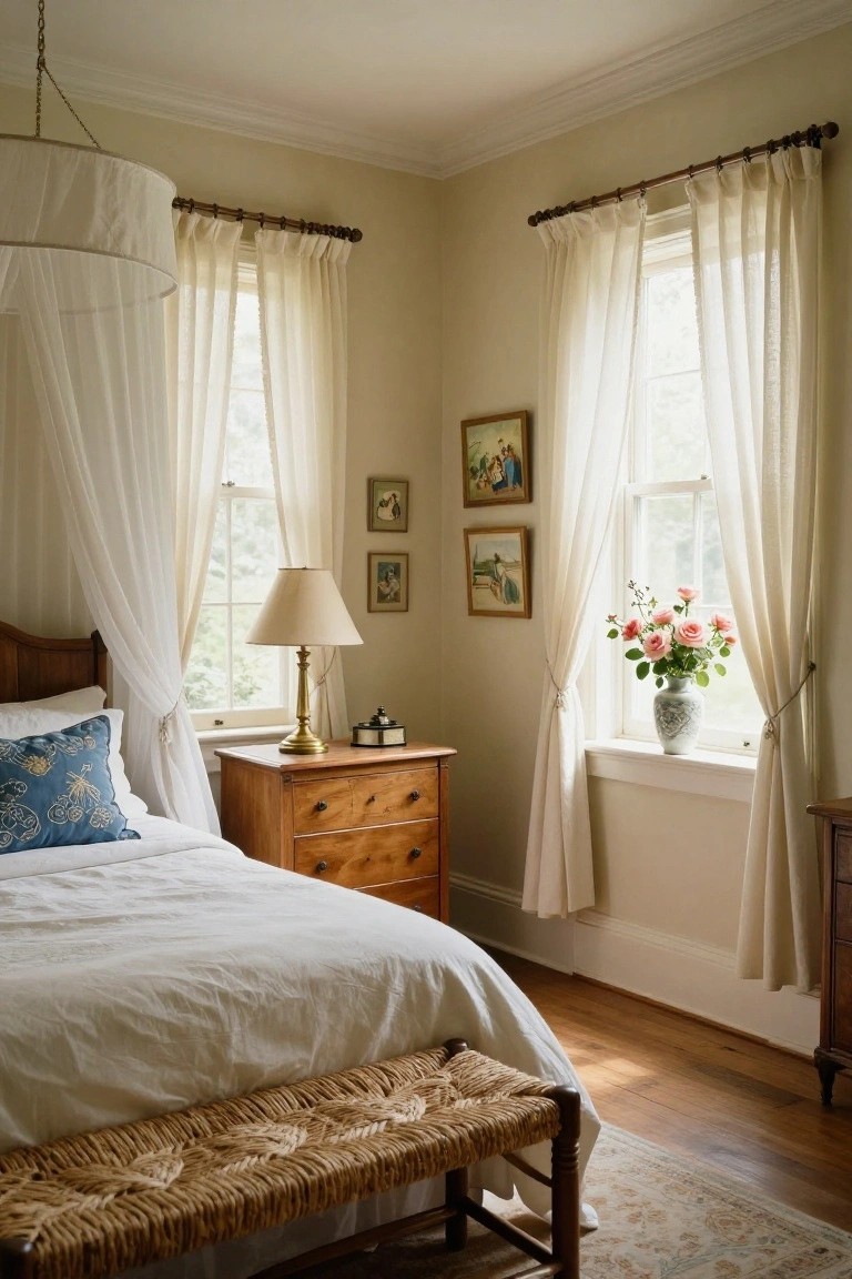 A bedroom with a white bed, wooden dresser, framed pictures on the wall, and windows dressed in sheer white curtains tied back.