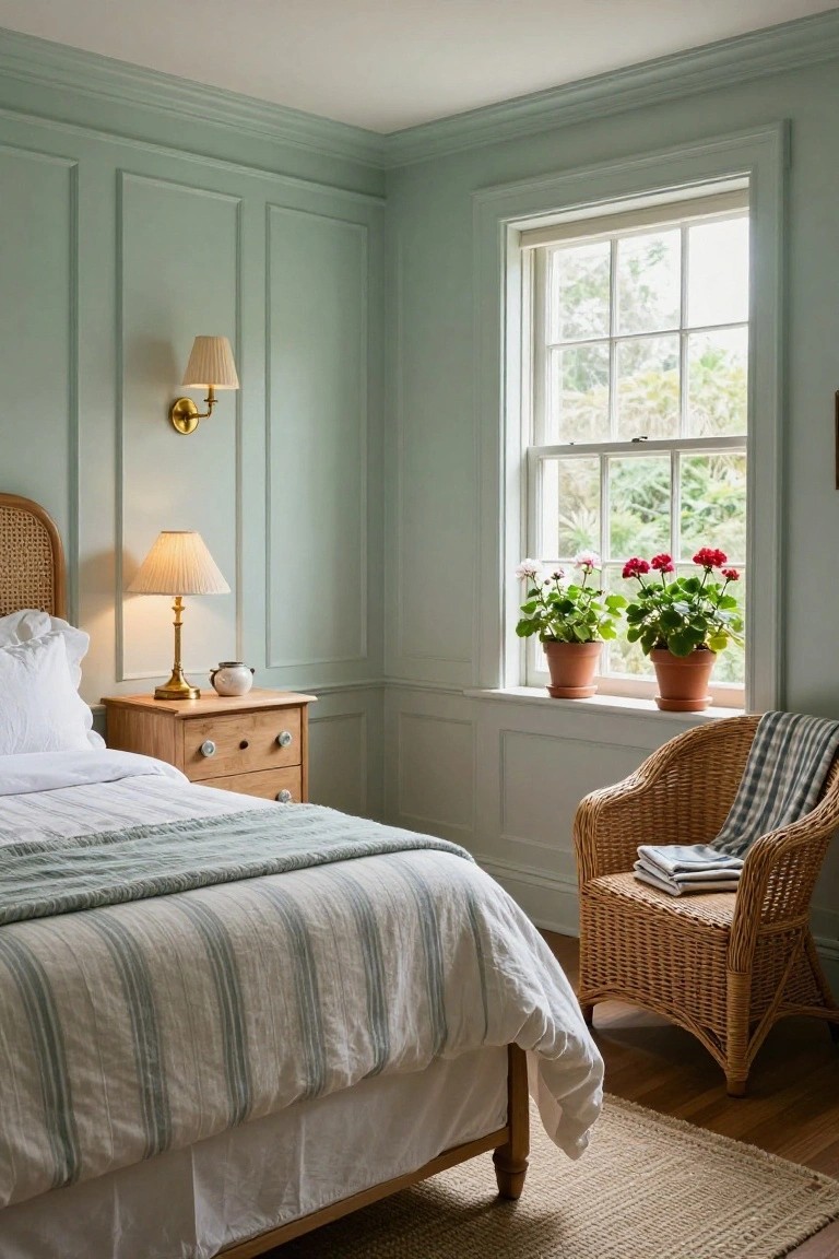 A bedroom with light green paneled walls, a bed with white and striped bedding, a wooden nightstand, and a window with potted plants on the sill.