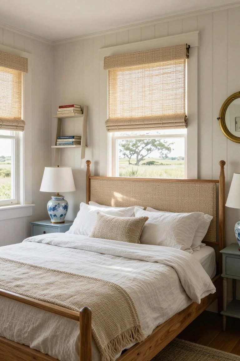 A bedroom featuring a wooden bed with a woven headboard, white bedding, and windows covered by natural woven shades that are partially rolled up.