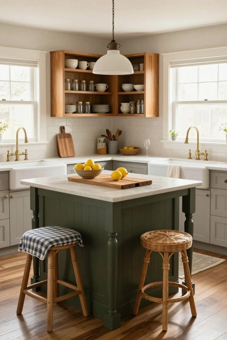 A kitchen with a dark green island topped in white marble, two wooden stools, open wood cabinets, and white farmhouse sinks under windows.