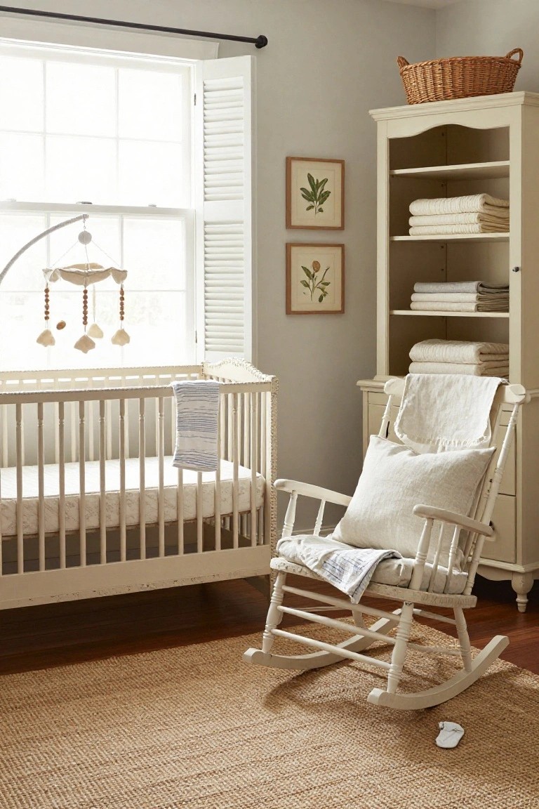 White nursery with crib, rocking chair, linen cabinet, and shuttered window.