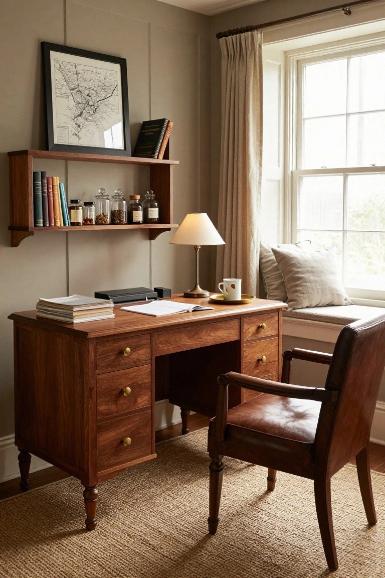 A wooden desk with multiple drawers sits beneath a wall-mounted wooden shelf holding books and glass jars, with a brown leather chair pulled up in front.