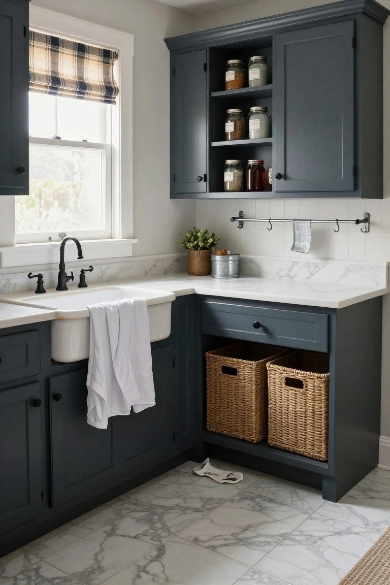 A kitchen interior showing dark gray cabinets, white marble counters, a farmhouse sink, open upper shelves with glass jars, and woven baskets stored in an open lower cabinet section.