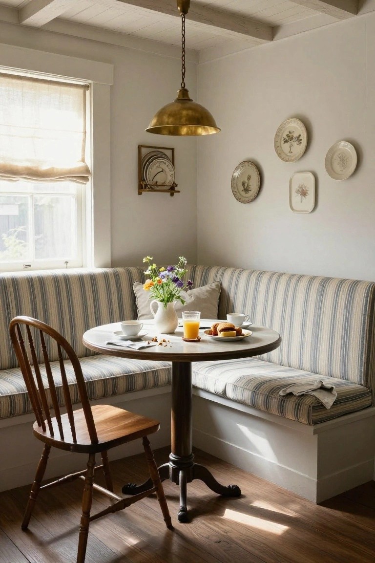 A cozy breakfast nook with a blue and white striped built-in banquette, round table, wooden chair, and window with rolled shade.