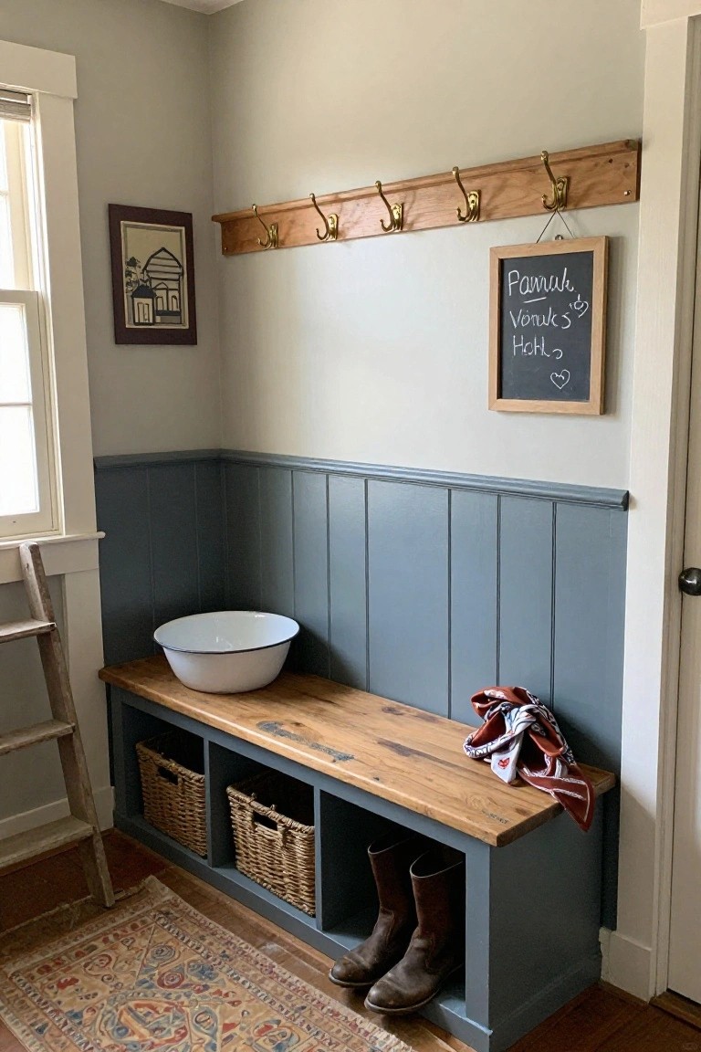 A wooden built-in bench with storage cubbies sits below a row of brass hooks on blue-gray wainscoting in an entryway.