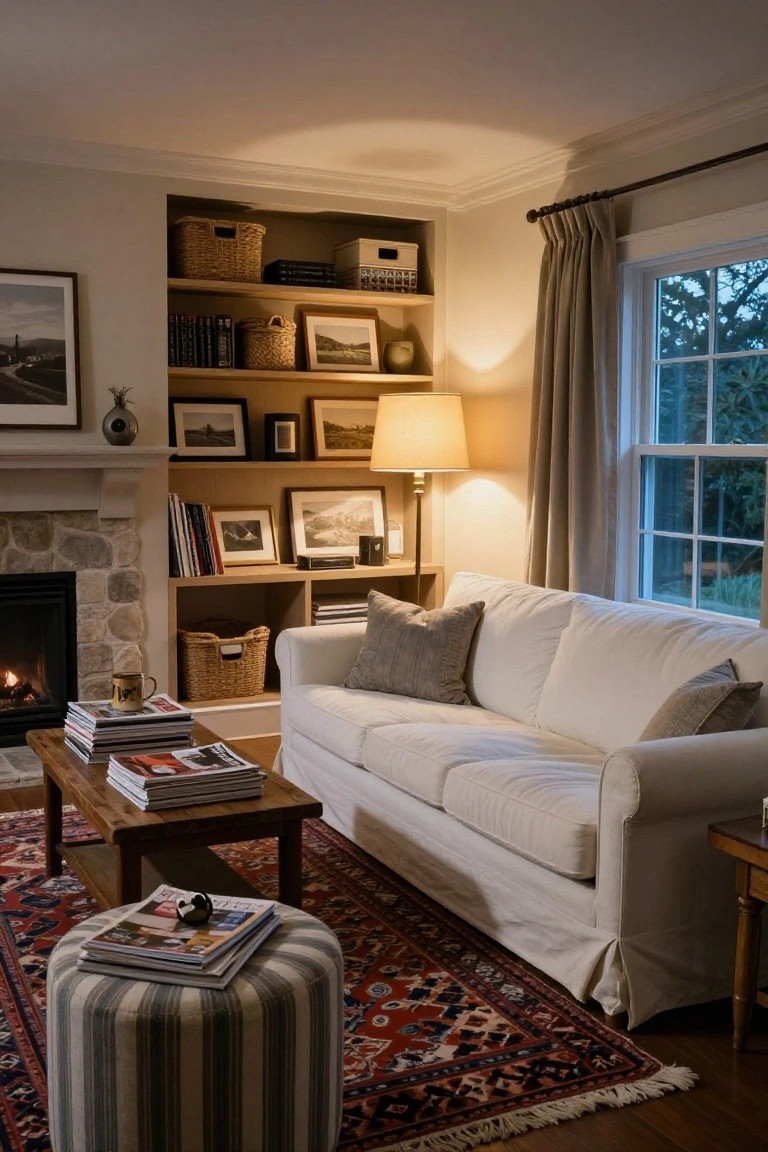 A living room featuring a white sofa, built-in wooden bookshelves filled with books and baskets, a stone fireplace, and a wooden coffee table on a patterned rug.