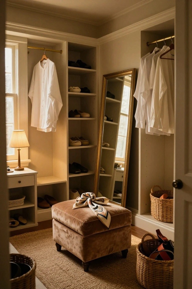 A walk-in closet featuring white built-in shelving units, hanging rods with white shirts, a large gold-framed mirror, a brown upholstered ottoman, and woven baskets on the floor.