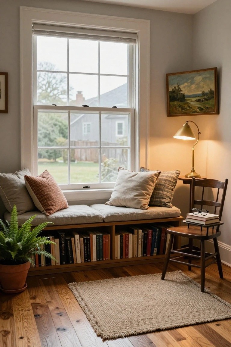 A window seat with cushions and open shelves of books below it, next to a wooden chair with a lamp in a room with hardwood floors.
