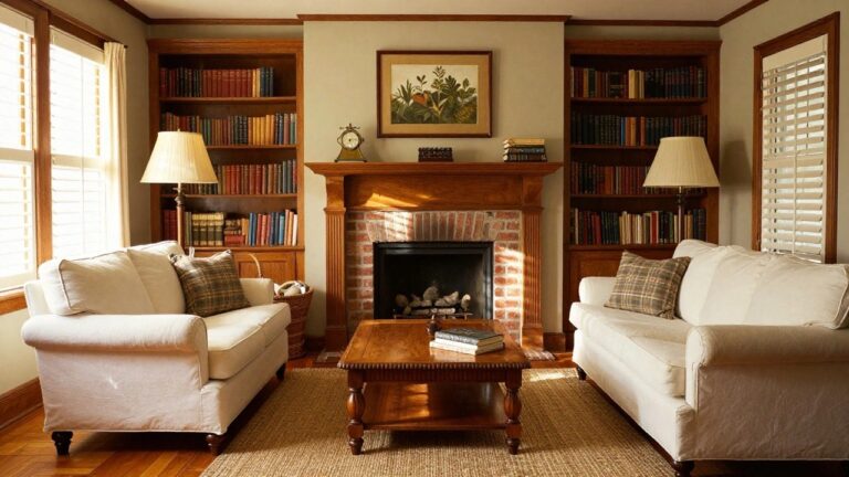 19 Warm Southern Traditional Decor Ideas for a Comfort-First Home Vibe Cozy living room with brick fireplace, white sofa, plaid armchair, and wooden bookshelves