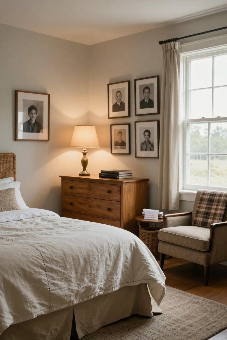 A bedroom with a wooden dresser holding a table lamp and stacked books, five framed black and white portraits arranged above it on the wall, and a bed with white linens visible to the left.