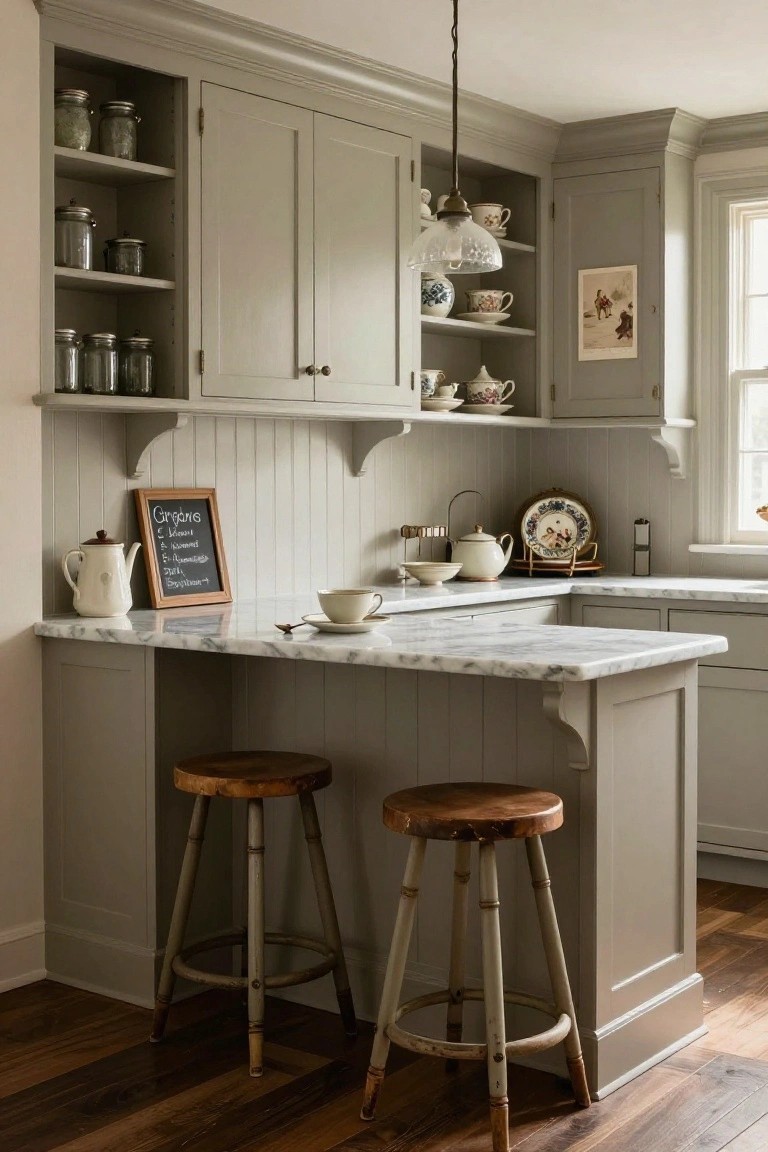 Gray kitchen island with marble top, wooden stools, and open china shelves