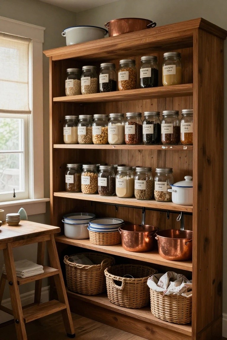 A tall wooden open shelving unit filled with rows of labeled glass jars, copper pots, and woven baskets, positioned next to a window in a home interior.