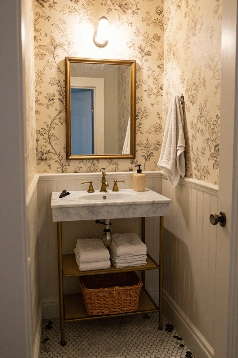 A small bathroom with floral wallpaper above white wainscoting, a marble console sink on a gold frame with open wooden shelves holding stacked towels and a wicker basket.