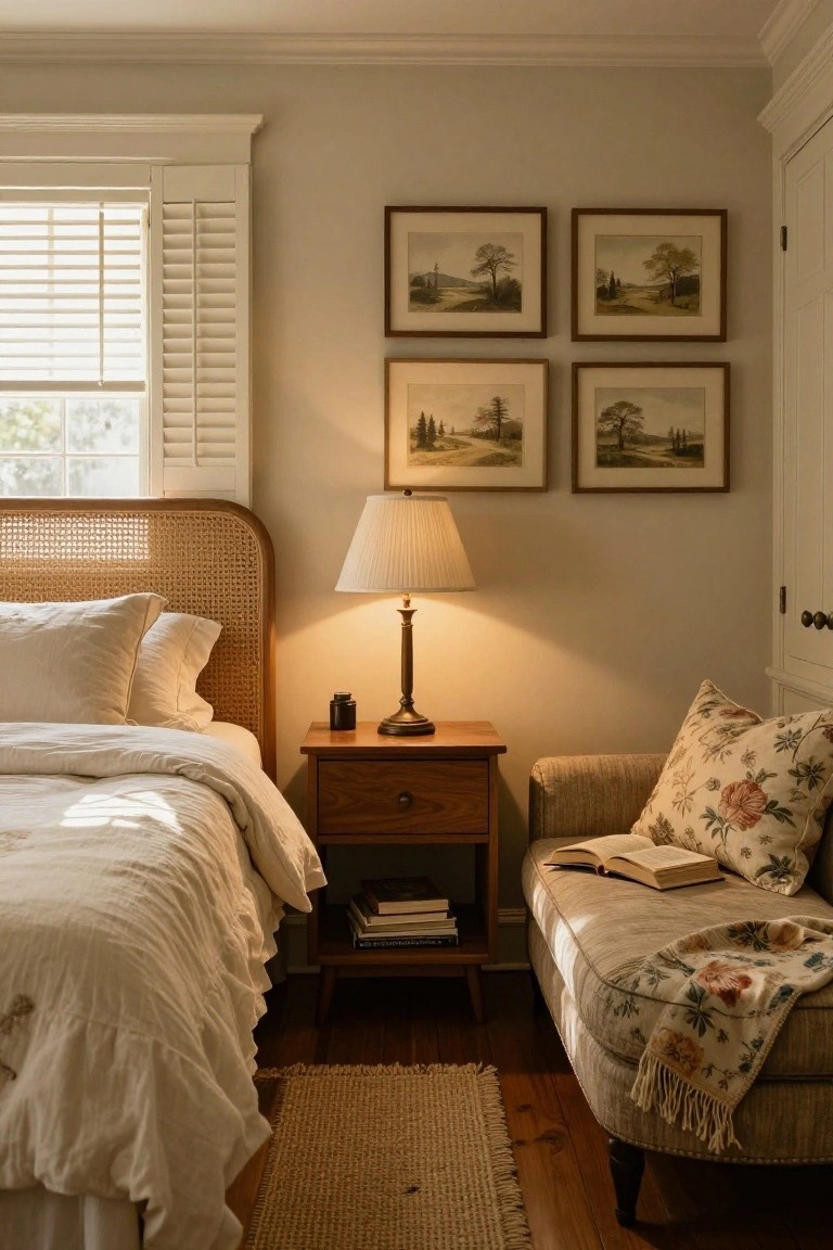 A bedroom corner with a wooden nightstand holding a lit table lamp, a rattan headboard on a bed with white linens, framed landscape prints on the wall, and a floral upholstered chair with an open book.