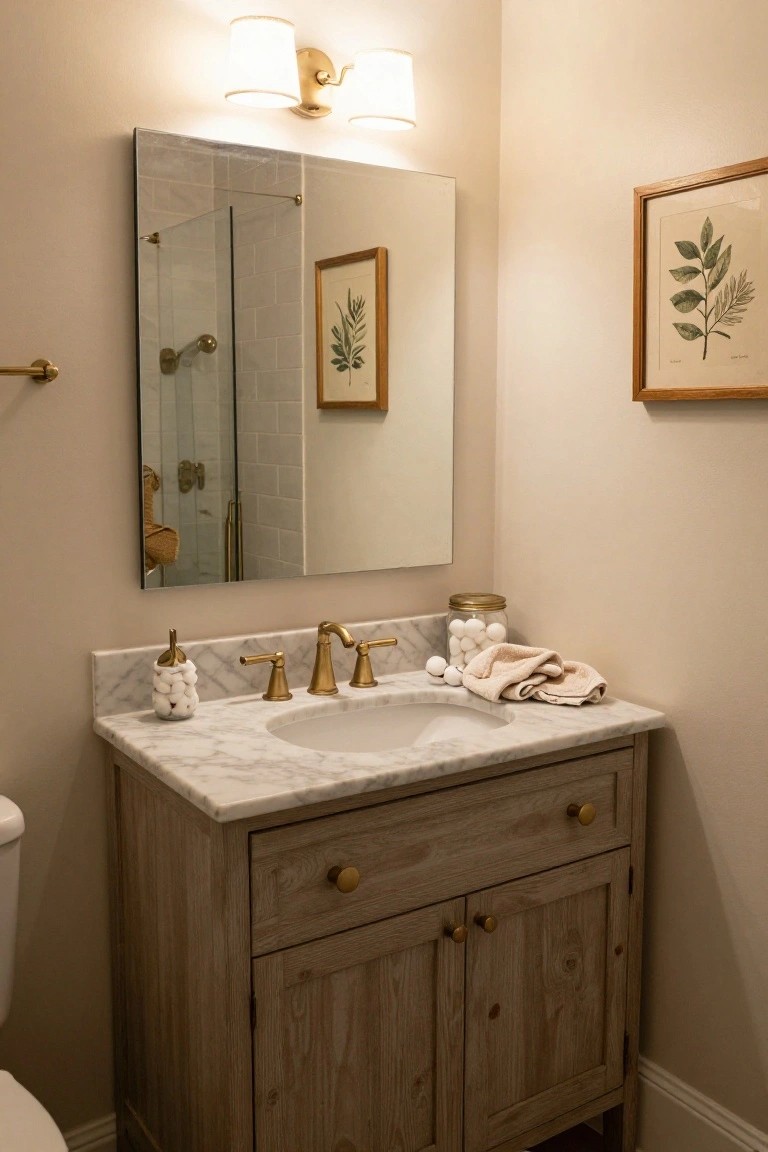 A bathroom vanity with a light wood cabinet, marble countertop, brass faucet, and large mirror above it.