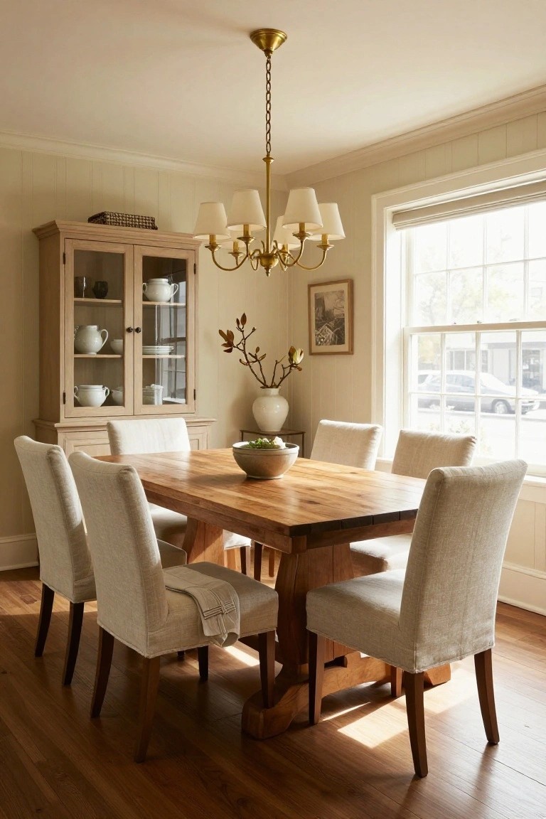 A dining room with a long wooden table, six upholstered chairs, a light wood hutch with glass doors, and a brass chandelier above the table.