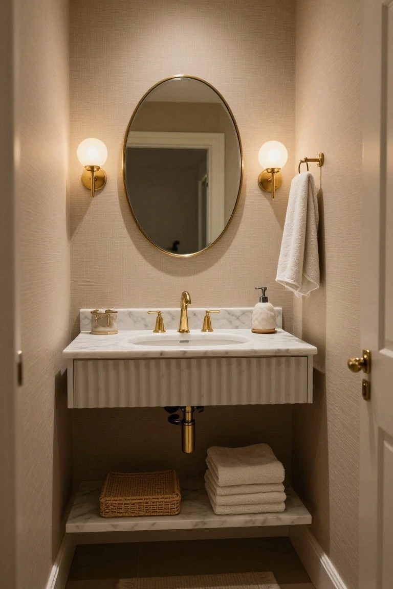 A narrow bathroom featuring a floating vanity with a ribbed front, white marble countertop and lower shelf, gold fixtures, round mirror, and open storage holding folded towels and a wicker basket.