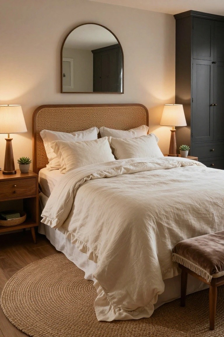 A bedroom featuring a bed with a woven cane headboard, white linen bedding, wooden nightstands with lamps, and an arched mirror on the wall above.
